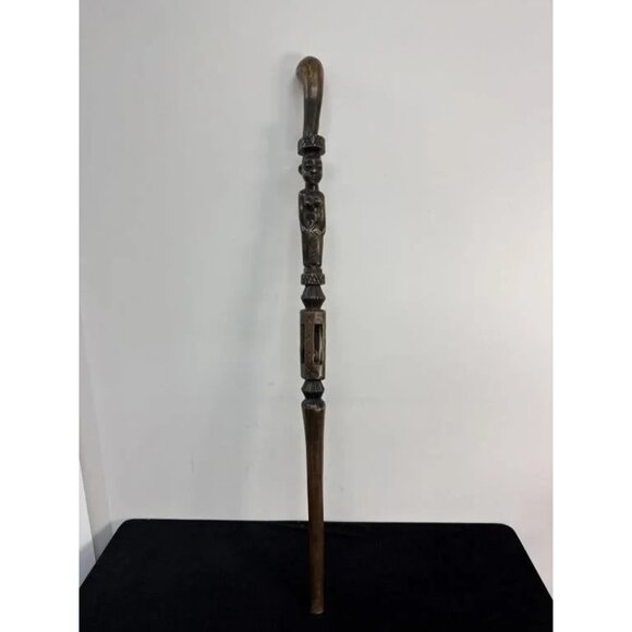 African Hand-Carved Walking Stick  - Figural Head & Captured Ball Cage 39.5" - Picture 3 of 6